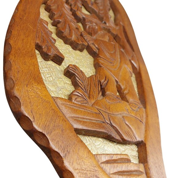 Vintage Hand Carved Wood Wall Panels Pair Leaf Shaped Asian Inspired Wall Art - Picture 5 of 7